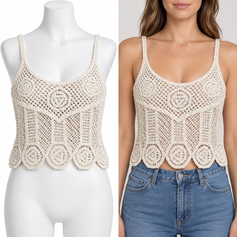 Rachel Zoe Crochet Crop Camisole Women XS Ivory Cotton Scallop Boho Festival NWT